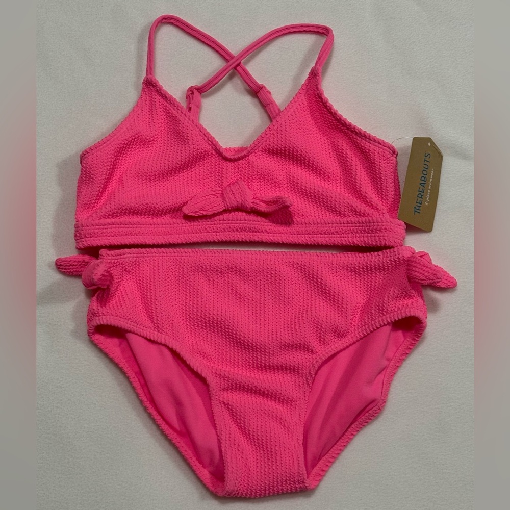 Thereabouts Girls 14 -  2-Pc Hot Pink Swimsuit With Bow Detail - NWT